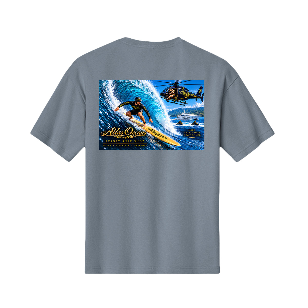 Atlas Oceans VIP Surfer T-Shirt in Vintage Denim, Back View